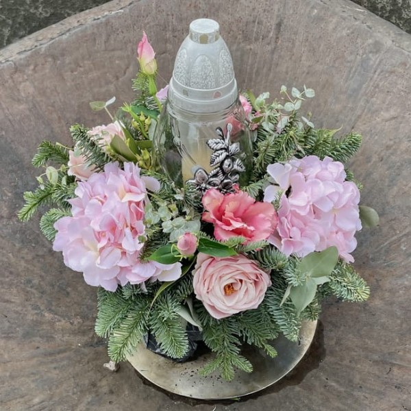 Mieszany stroik na grób ze zniczem - ŚWIATŁO NADZIEI