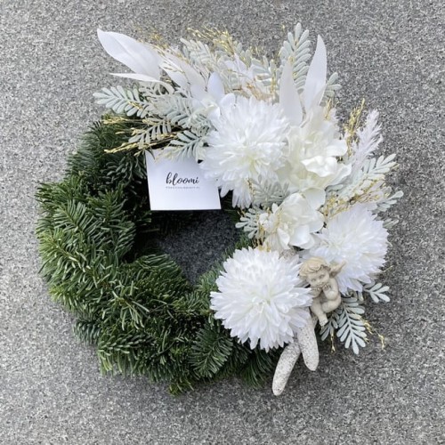 Wianek na grób ze sztucznych białych kwiatów - WIECZNY SEN