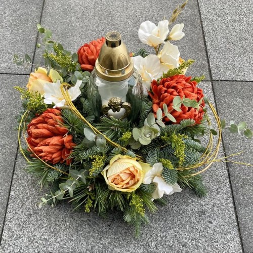Wianek na grób ze sztucznych kwiatów na naturalnej bazie - JESIENNY CMENTARZ