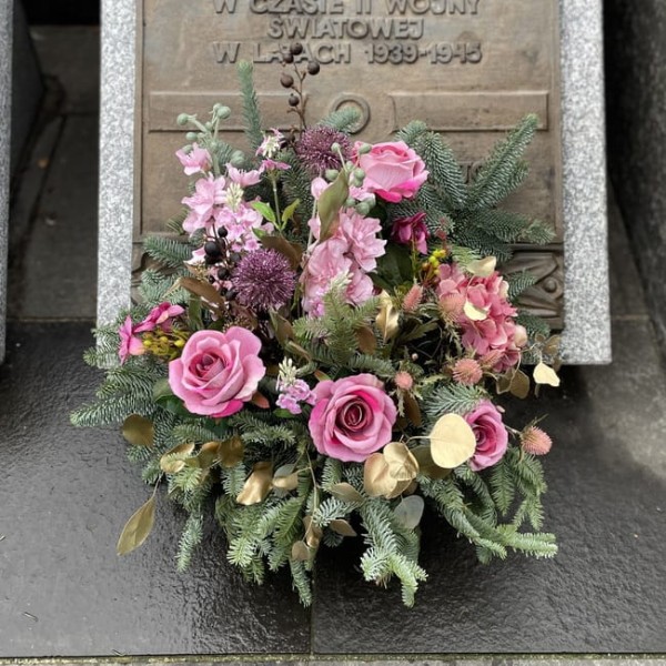 Bukiet do wazonu na grób ze sztucznych kwiatów - ZŁOTE WSPOMNIENIA