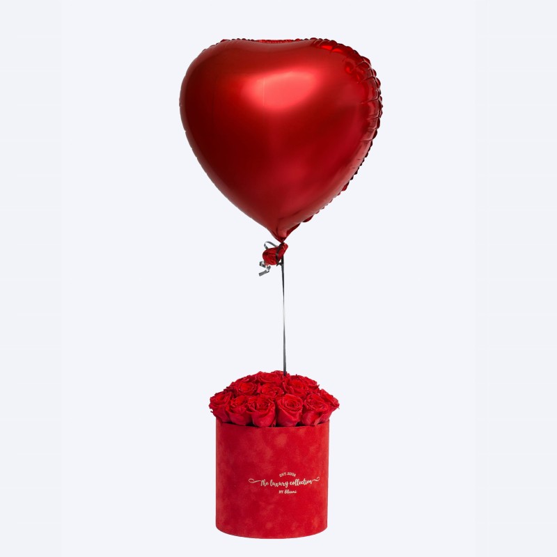Welurowy flowerbox S, wieczne róże, balon serce